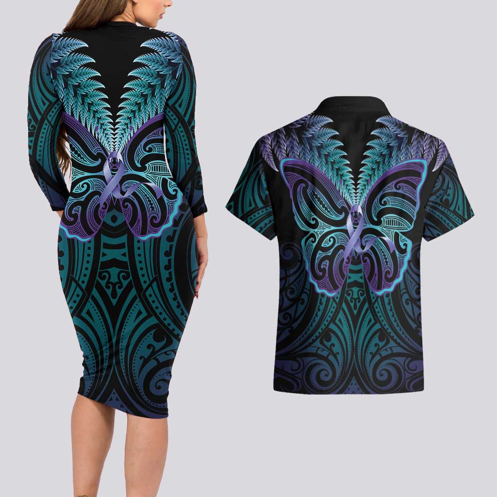 Suicide Prevention New Zealand Couples Matching Long Sleeve Bodycon Dress and Hawaiian Shirt Aotearoa Maori Butterfly Mix Silver Fern - Aussie Hoodie