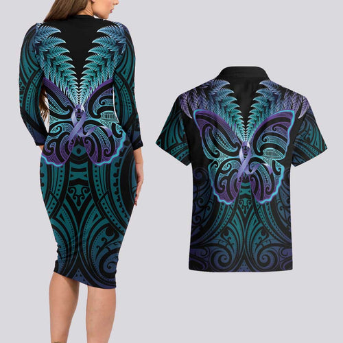 Suicide Prevention New Zealand Couples Matching Long Sleeve Bodycon Dress and Hawaiian Shirt Aotearoa Maori Butterfly Mix Silver Fern - Aussie Hoodie