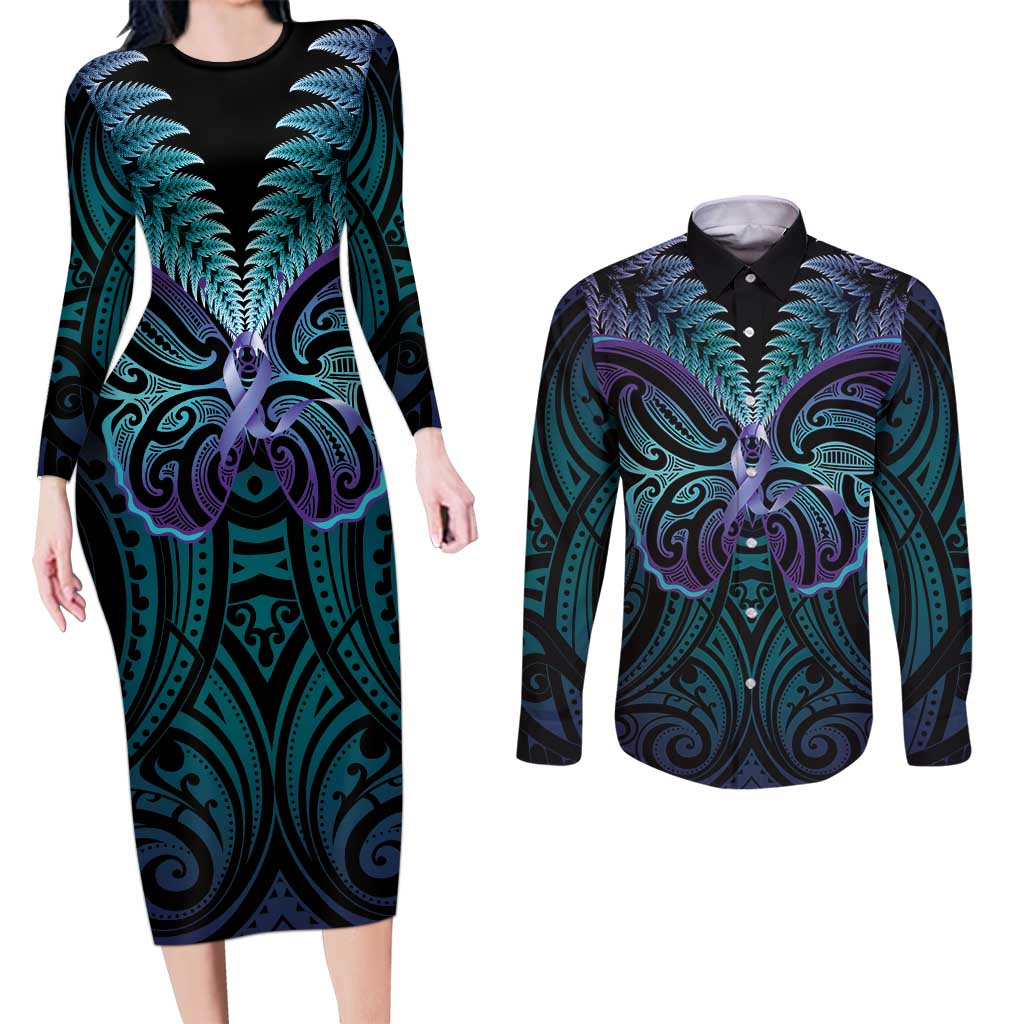 Suicide Prevention New Zealand Couples Matching Long Sleeve Bodycon Dress and Long Sleeve Button Shirt Aotearoa Maori Butterfly Mix Silver Fern - Aussie Hoodie