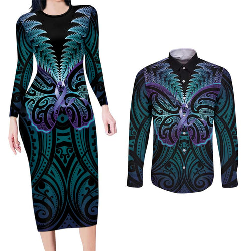 Suicide Prevention New Zealand Couples Matching Long Sleeve Bodycon Dress and Long Sleeve Button Shirt Aotearoa Maori Butterfly Mix Silver Fern - Aussie Hoodie