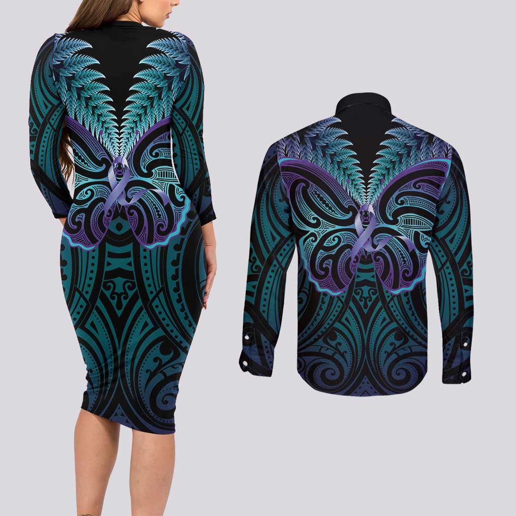 Suicide Prevention New Zealand Couples Matching Long Sleeve Bodycon Dress and Long Sleeve Button Shirt Aotearoa Maori Butterfly Mix Silver Fern - Aussie Hoodie