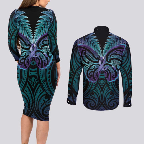 Suicide Prevention New Zealand Couples Matching Long Sleeve Bodycon Dress and Long Sleeve Button Shirt Aotearoa Maori Butterfly Mix Silver Fern - Aussie Hoodie