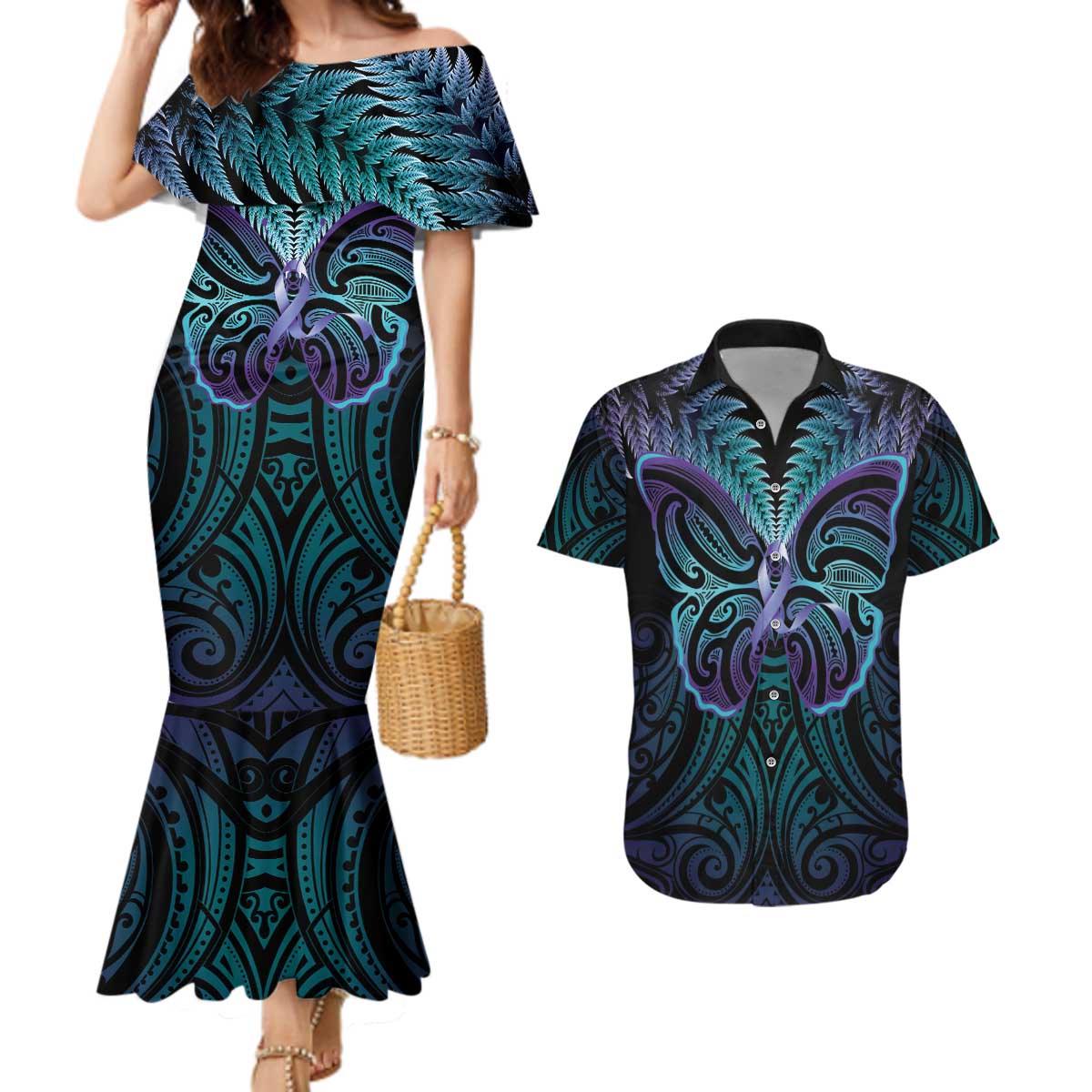 Suicide Prevention New Zealand Couples Matching Mermaid Dress and Hawaiian Shirt Aotearoa Maori Butterfly Mix Silver Fern - Aussie Hoodie