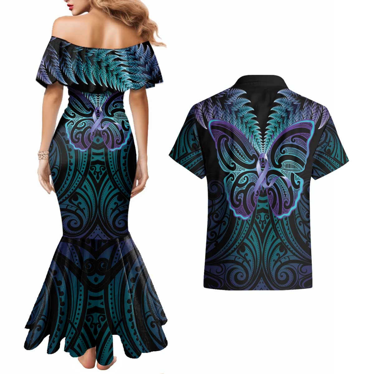 Suicide Prevention New Zealand Couples Matching Mermaid Dress and Hawaiian Shirt Aotearoa Maori Butterfly Mix Silver Fern - Aussie Hoodie