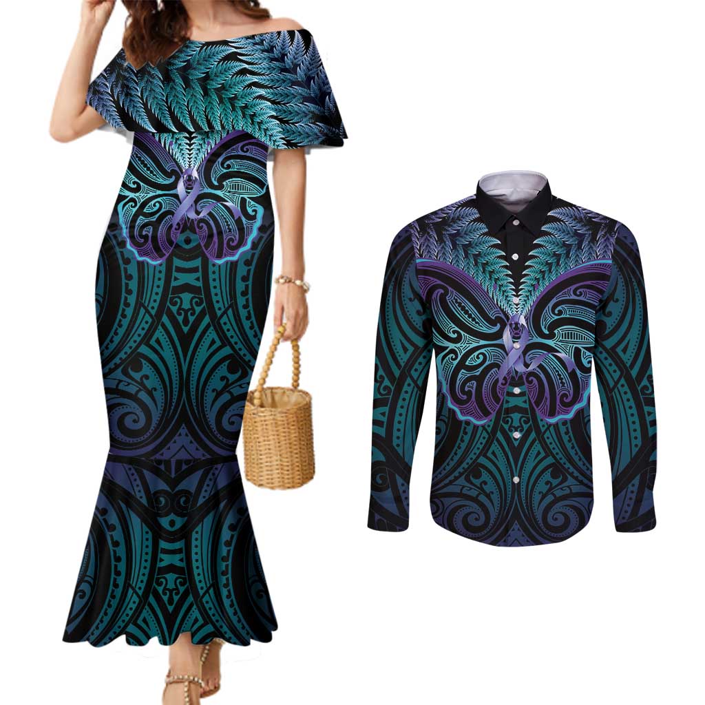 Suicide Prevention New Zealand Couples Matching Mermaid Dress and Long Sleeve Button Shirt Aotearoa Maori Butterfly Mix Silver Fern - Aussie Hoodie
