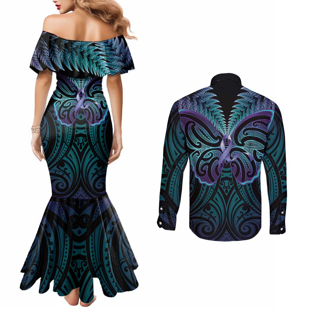 Suicide Prevention New Zealand Couples Matching Mermaid Dress and Long Sleeve Button Shirt Aotearoa Maori Butterfly Mix Silver Fern - Aussie Hoodie