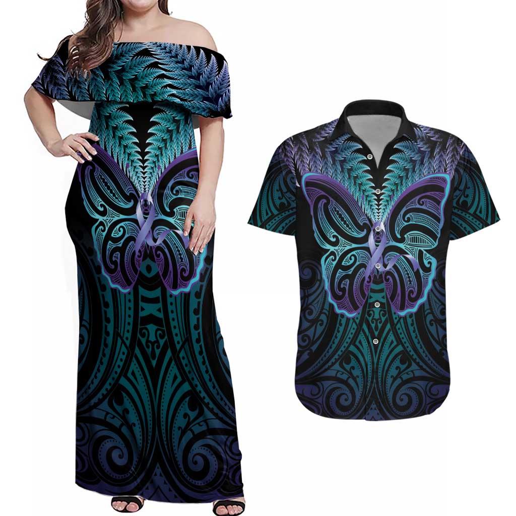 Suicide Prevention New Zealand Couples Matching Off Shoulder Maxi Dress and Hawaiian Shirt Aotearoa Maori Butterfly Mix Silver Fern - Aussie Hoodie