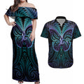 Suicide Prevention New Zealand Couples Matching Off Shoulder Maxi Dress and Hawaiian Shirt Aotearoa Maori Butterfly Mix Silver Fern - Aussie Hoodie