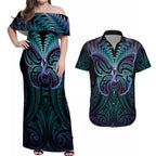 Suicide Prevention New Zealand Couples Matching Off Shoulder Maxi Dress and Hawaiian Shirt Aotearoa Maori Butterfly Mix Silver Fern - Aussie Hoodie