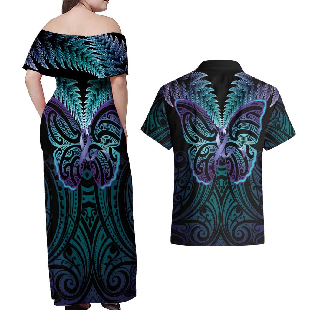 Suicide Prevention New Zealand Couples Matching Off Shoulder Maxi Dress and Hawaiian Shirt Aotearoa Maori Butterfly Mix Silver Fern - Aussie Hoodie