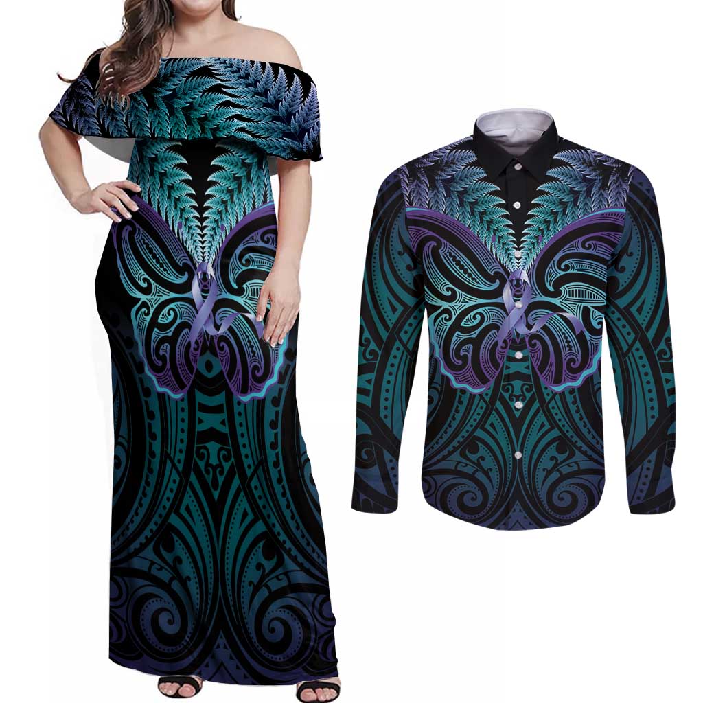 Suicide Prevention New Zealand Couples Matching Off Shoulder Maxi Dress and Long Sleeve Button Shirt Aotearoa Maori Butterfly Mix Silver Fern - Aussie Hoodie