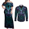 Suicide Prevention New Zealand Couples Matching Off Shoulder Maxi Dress and Long Sleeve Button Shirt Aotearoa Maori Butterfly Mix Silver Fern - Aussie Hoodie