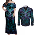 Suicide Prevention New Zealand Couples Matching Off Shoulder Maxi Dress and Long Sleeve Button Shirt Aotearoa Maori Butterfly Mix Silver Fern - Aussie Hoodie