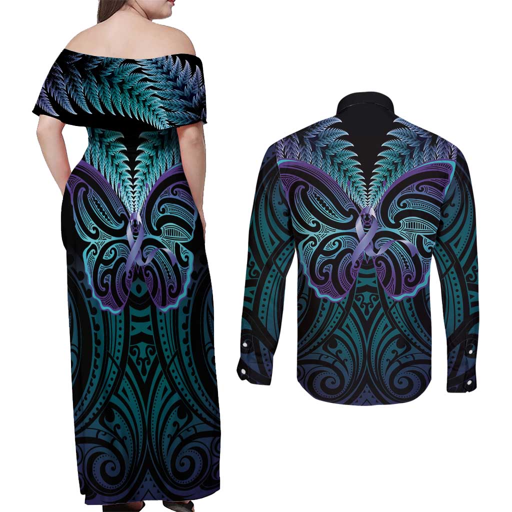Suicide Prevention New Zealand Couples Matching Off Shoulder Maxi Dress and Long Sleeve Button Shirt Aotearoa Maori Butterfly Mix Silver Fern - Aussie Hoodie