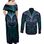 Suicide Prevention New Zealand Couples Matching Off Shoulder Maxi Dress and Long Sleeve Button Shirt Aotearoa Maori Butterfly Mix Silver Fern - Aussie Hoodie