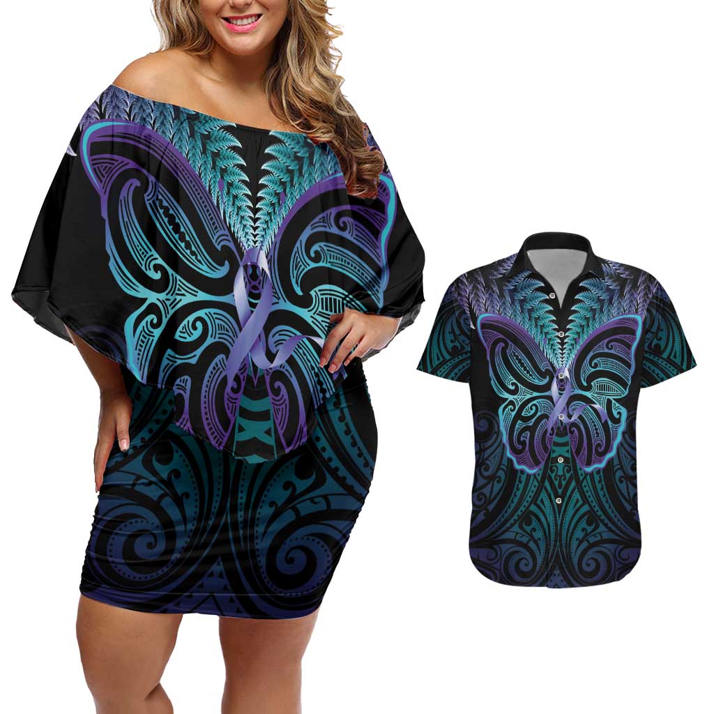Suicide Prevention New Zealand Couples Matching Off Shoulder Short Dress and Hawaiian Shirt Aotearoa Maori Butterfly Mix Silver Fern - Aussie Hoodie