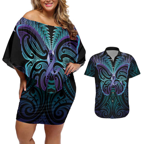 Suicide Prevention New Zealand Couples Matching Off Shoulder Short Dress and Hawaiian Shirt Aotearoa Maori Butterfly Mix Silver Fern - Aussie Hoodie