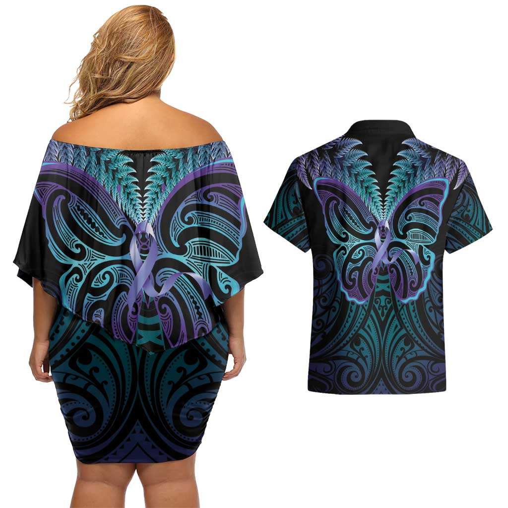 Suicide Prevention New Zealand Couples Matching Off Shoulder Short Dress and Hawaiian Shirt Aotearoa Maori Butterfly Mix Silver Fern - Aussie Hoodie