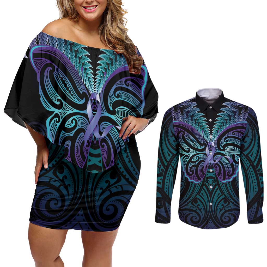 Suicide Prevention New Zealand Couples Matching Off Shoulder Short Dress and Long Sleeve Button Shirt Aotearoa Maori Butterfly Mix Silver Fern - Aussie Hoodie