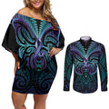 Suicide Prevention New Zealand Couples Matching Off Shoulder Short Dress and Long Sleeve Button Shirt Aotearoa Maori Butterfly Mix Silver Fern - Aussie Hoodie