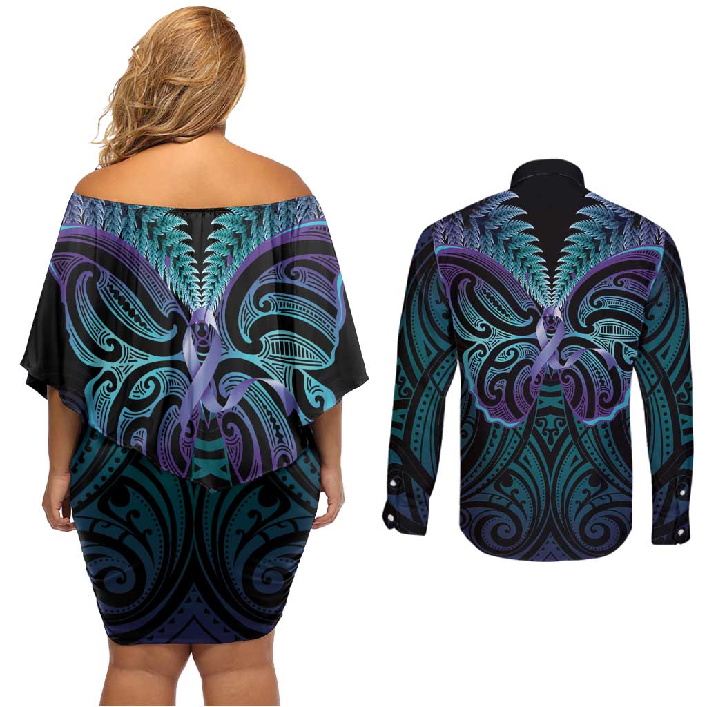 Suicide Prevention New Zealand Couples Matching Off Shoulder Short Dress and Long Sleeve Button Shirt Aotearoa Maori Butterfly Mix Silver Fern - Aussie Hoodie