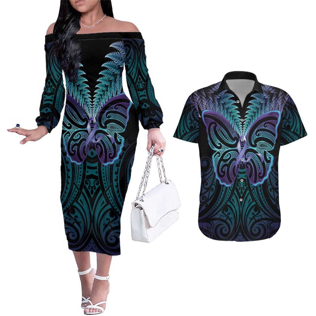 Suicide Prevention New Zealand Couples Matching Off The Shoulder Long Sleeve Dress and Hawaiian Shirt Aotearoa Maori Butterfly Mix Silver Fern - Aussie Hoodie