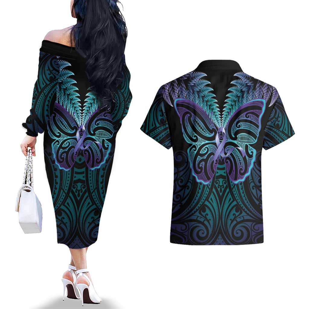 Suicide Prevention New Zealand Couples Matching Off The Shoulder Long Sleeve Dress and Hawaiian Shirt Aotearoa Maori Butterfly Mix Silver Fern - Aussie Hoodie