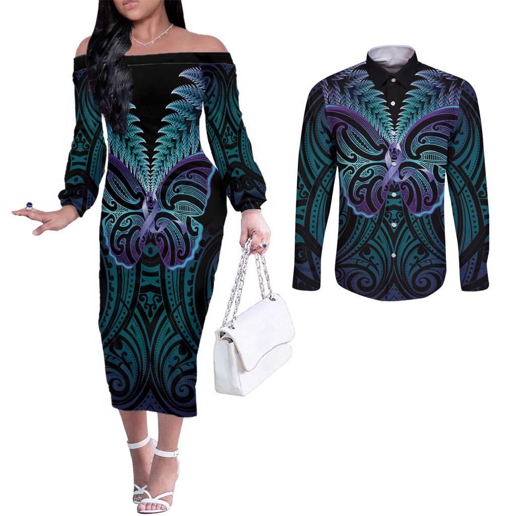 Suicide Prevention New Zealand Couples Matching Off The Shoulder Long Sleeve Dress and Long Sleeve Button Shirt Aotearoa Maori Butterfly Mix Silver Fern - Aussie Hoodie