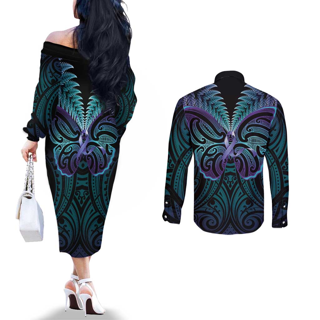 Suicide Prevention New Zealand Couples Matching Off The Shoulder Long Sleeve Dress and Long Sleeve Button Shirt Aotearoa Maori Butterfly Mix Silver Fern - Aussie Hoodie