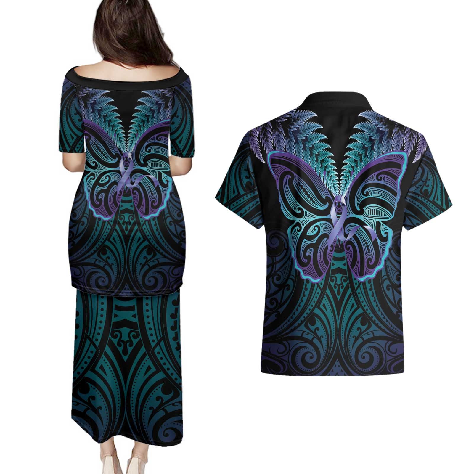 Suicide Prevention New Zealand Couples Matching Puletasi and Hawaiian Shirt Aotearoa Maori Butterfly Mix Silver Fern - Aussie Hoodie