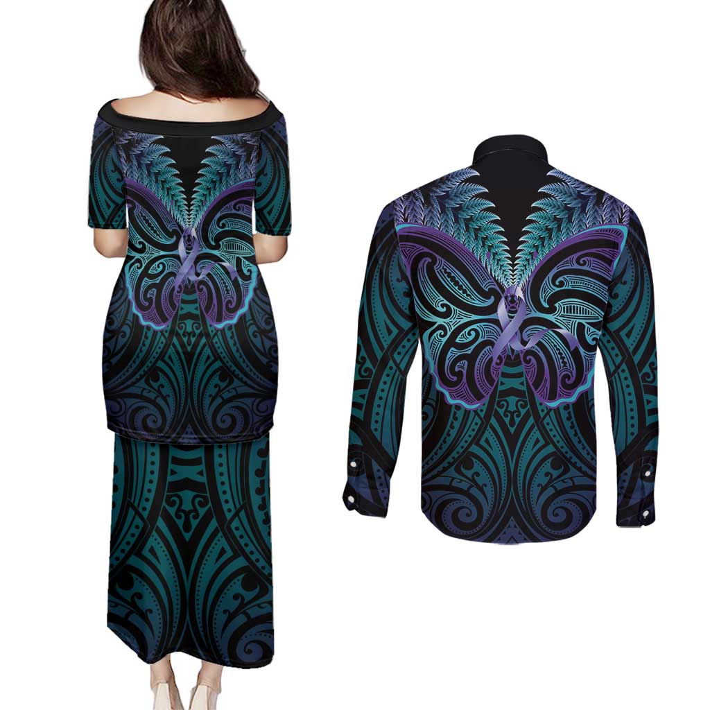 Suicide Prevention New Zealand Couples Matching Puletasi and Long Sleeve Button Shirt Aotearoa Maori Butterfly Mix Silver Fern - Aussie Hoodie