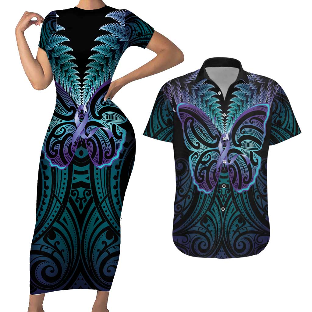 Suicide Prevention New Zealand Couples Matching Short Sleeve Bodycon Dress and Hawaiian Shirt Aotearoa Maori Butterfly Mix Silver Fern - Aussie Hoodie