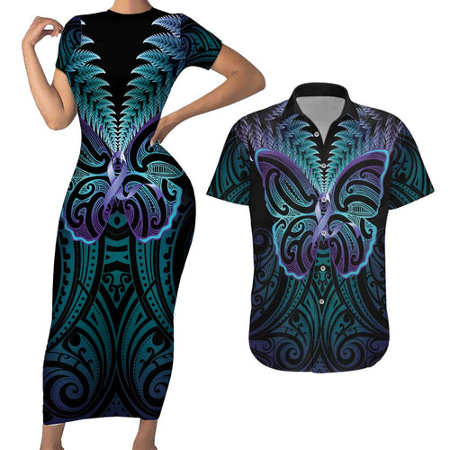 Suicide Prevention New Zealand Couples Matching Short Sleeve Bodycon Dress and Hawaiian Shirt Aotearoa Maori Butterfly Mix Silver Fern - Aussie Hoodie