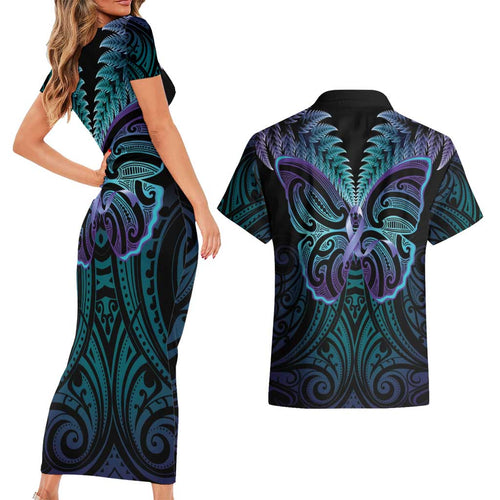 Suicide Prevention New Zealand Couples Matching Short Sleeve Bodycon Dress and Hawaiian Shirt Aotearoa Maori Butterfly Mix Silver Fern - Aussie Hoodie