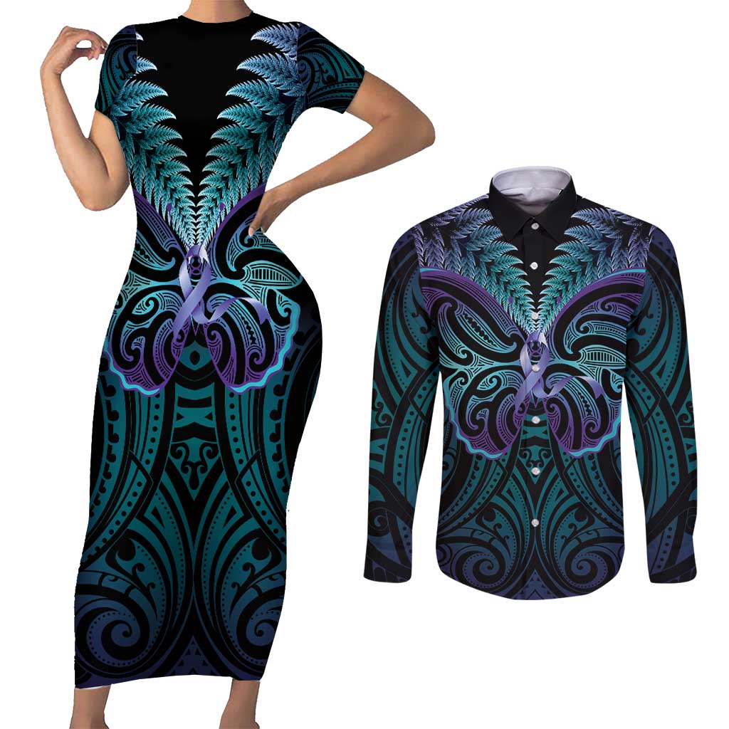 Suicide Prevention New Zealand Couples Matching Short Sleeve Bodycon Dress and Long Sleeve Button Shirt Aotearoa Maori Butterfly Mix Silver Fern - Aussie Hoodie
