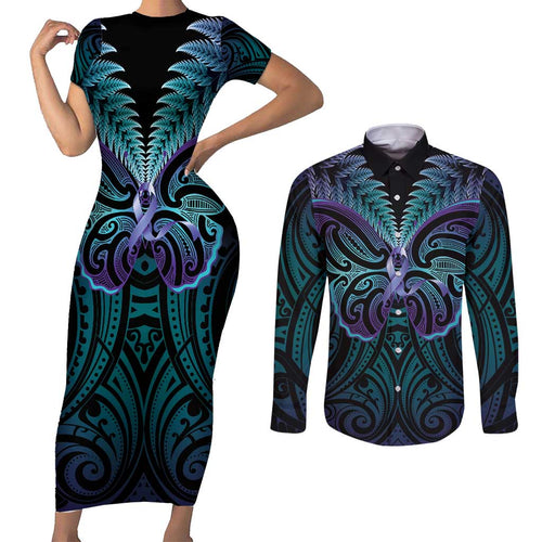 Suicide Prevention New Zealand Couples Matching Short Sleeve Bodycon Dress and Long Sleeve Button Shirt Aotearoa Maori Butterfly Mix Silver Fern - Aussie Hoodie