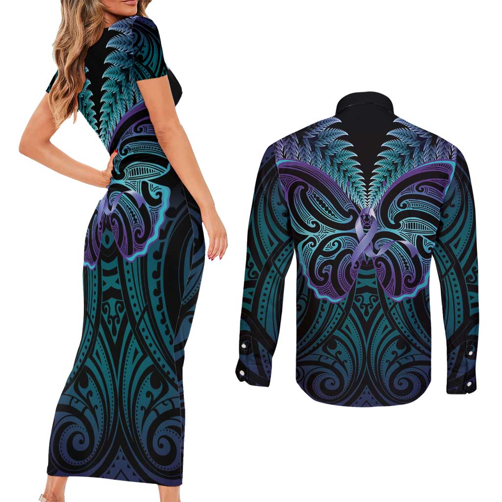 Suicide Prevention New Zealand Couples Matching Short Sleeve Bodycon Dress and Long Sleeve Button Shirt Aotearoa Maori Butterfly Mix Silver Fern - Aussie Hoodie