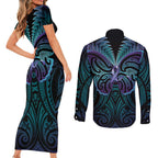 Suicide Prevention New Zealand Couples Matching Short Sleeve Bodycon Dress and Long Sleeve Button Shirt Aotearoa Maori Butterfly Mix Silver Fern - Aussie Hoodie