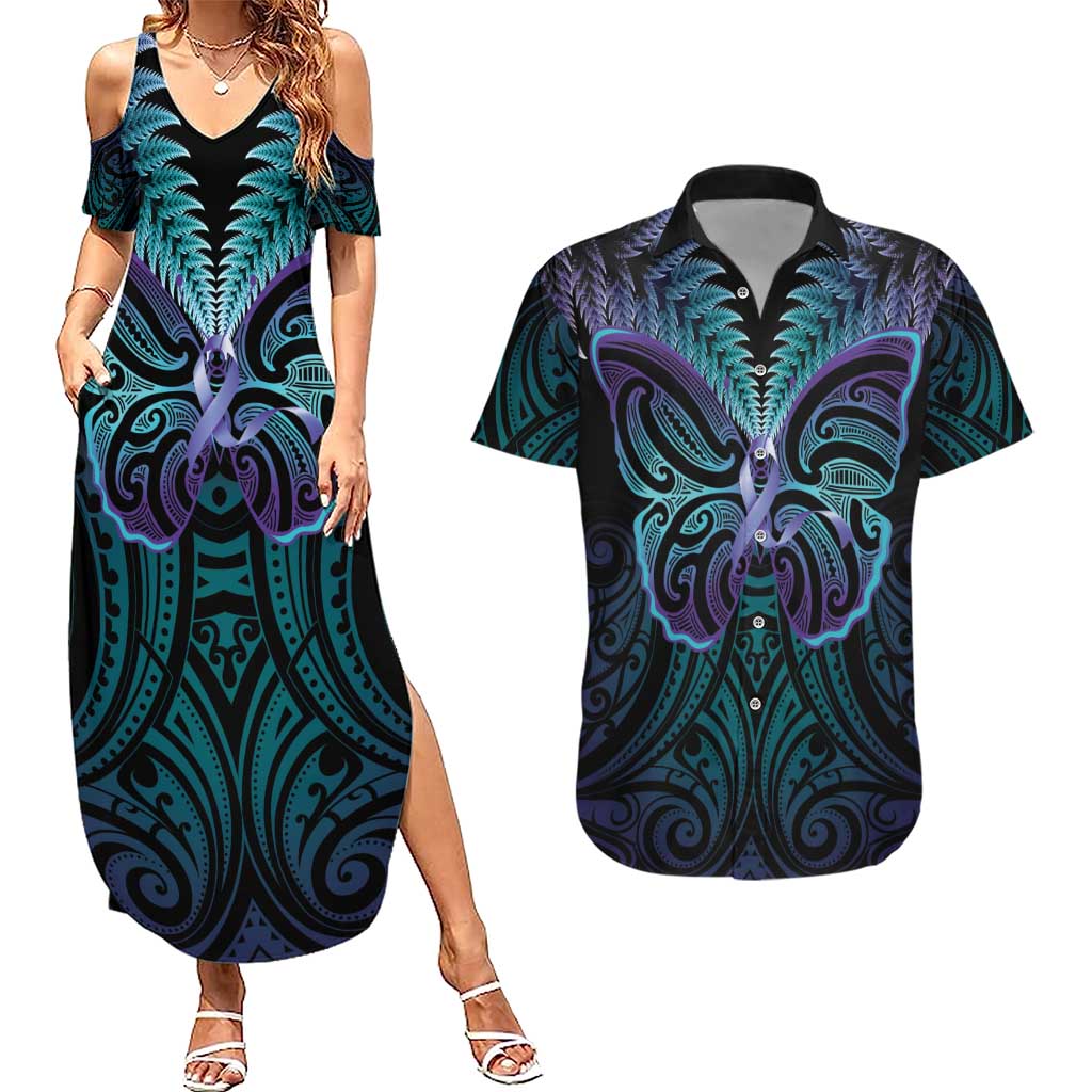Suicide Prevention New Zealand Couples Matching Summer Maxi Dress and Hawaiian Shirt Aotearoa Maori Butterfly Mix Silver Fern - Aussie Hoodie