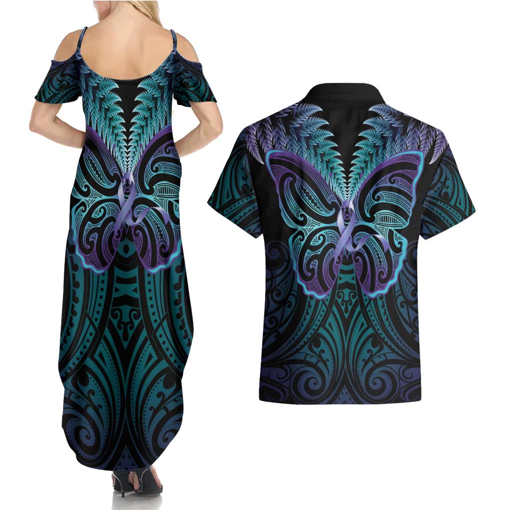 Suicide Prevention New Zealand Couples Matching Summer Maxi Dress and Hawaiian Shirt Aotearoa Maori Butterfly Mix Silver Fern - Aussie Hoodie