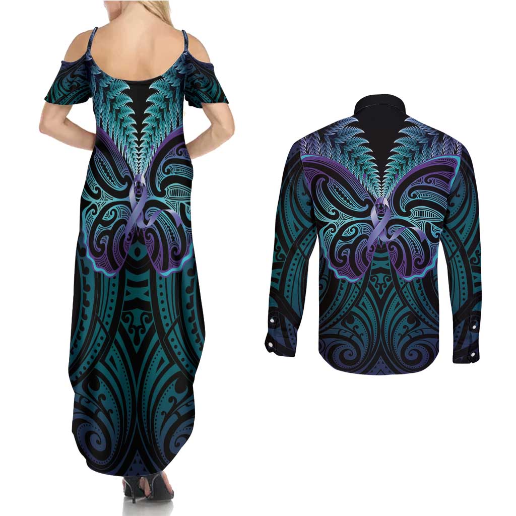 Suicide Prevention New Zealand Couples Matching Summer Maxi Dress and Long Sleeve Button Shirt Aotearoa Maori Butterfly Mix Silver Fern - Aussie Hoodie