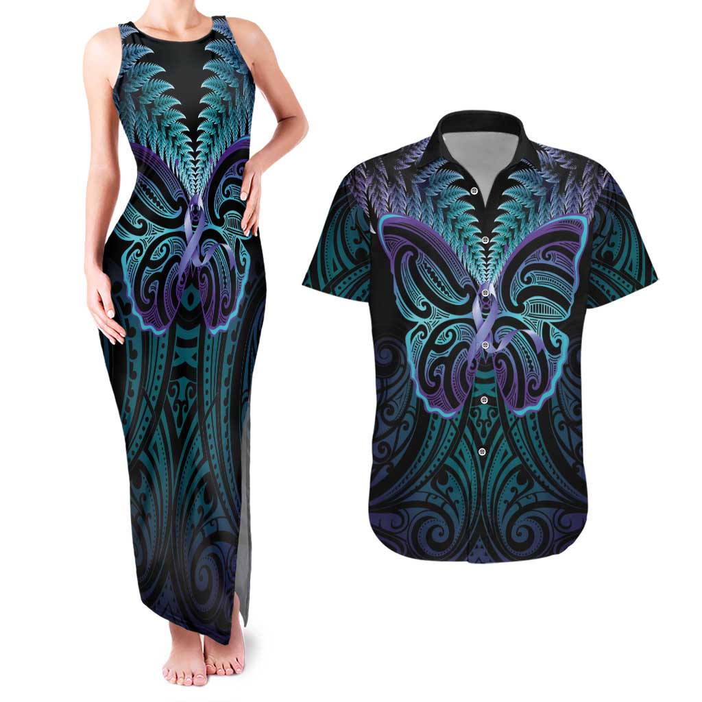 Suicide Prevention New Zealand Couples Matching Tank Maxi Dress and Hawaiian Shirt Aotearoa Maori Butterfly Mix Silver Fern - Aussie Hoodie
