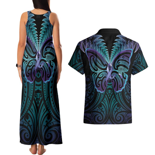 Suicide Prevention New Zealand Couples Matching Tank Maxi Dress and Hawaiian Shirt Aotearoa Maori Butterfly Mix Silver Fern - Aussie Hoodie