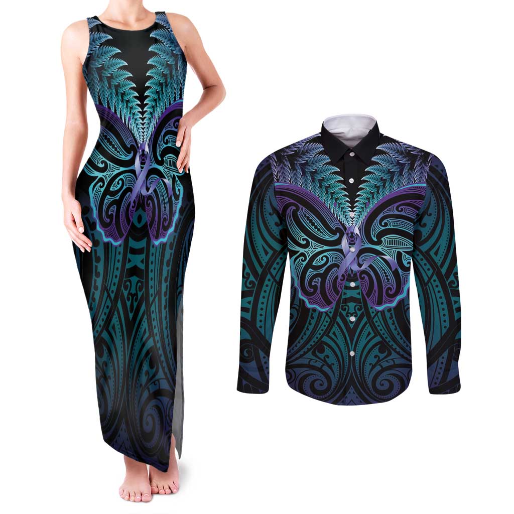 Suicide Prevention New Zealand Couples Matching Tank Maxi Dress and Long Sleeve Button Shirt Aotearoa Maori Butterfly Mix Silver Fern - Aussie Hoodie