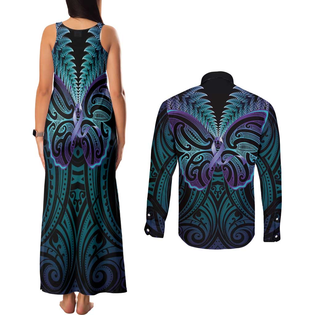 Suicide Prevention New Zealand Couples Matching Tank Maxi Dress and Long Sleeve Button Shirt Aotearoa Maori Butterfly Mix Silver Fern - Aussie Hoodie
