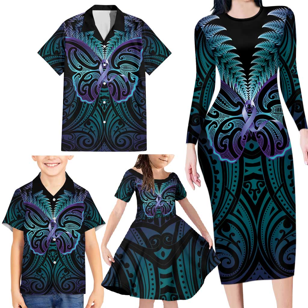 Suicide Prevention New Zealand Family Matching Long Sleeve Bodycon Dress and Hawaiian Shirt Aotearoa Maori Butterfly Mix Silver Fern - Aussie Hoodie
