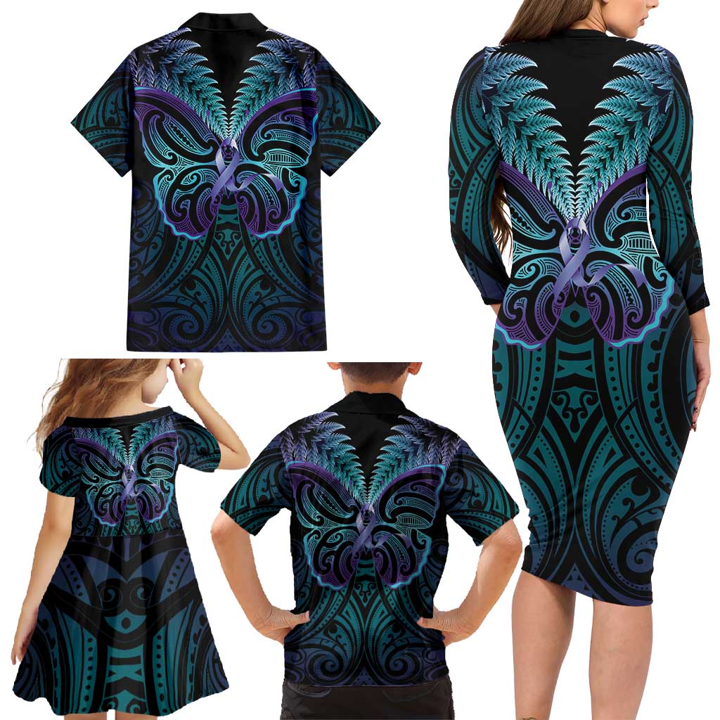 Suicide Prevention New Zealand Family Matching Long Sleeve Bodycon Dress and Hawaiian Shirt Aotearoa Maori Butterfly Mix Silver Fern - Aussie Hoodie
