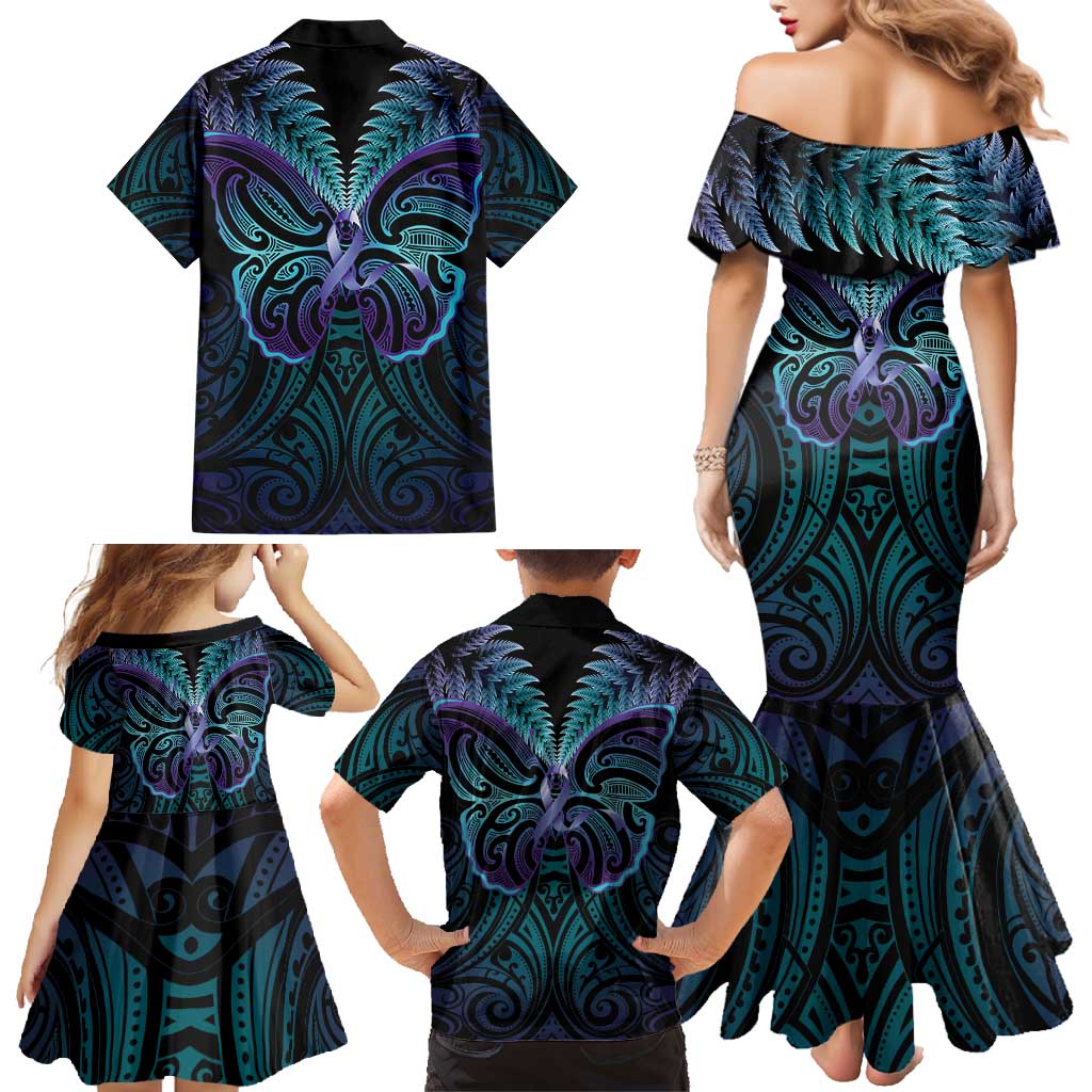 Suicide Prevention New Zealand Family Matching Mermaid Dress and Hawaiian Shirt Aotearoa Maori Butterfly Mix Silver Fern - Aussie Hoodie