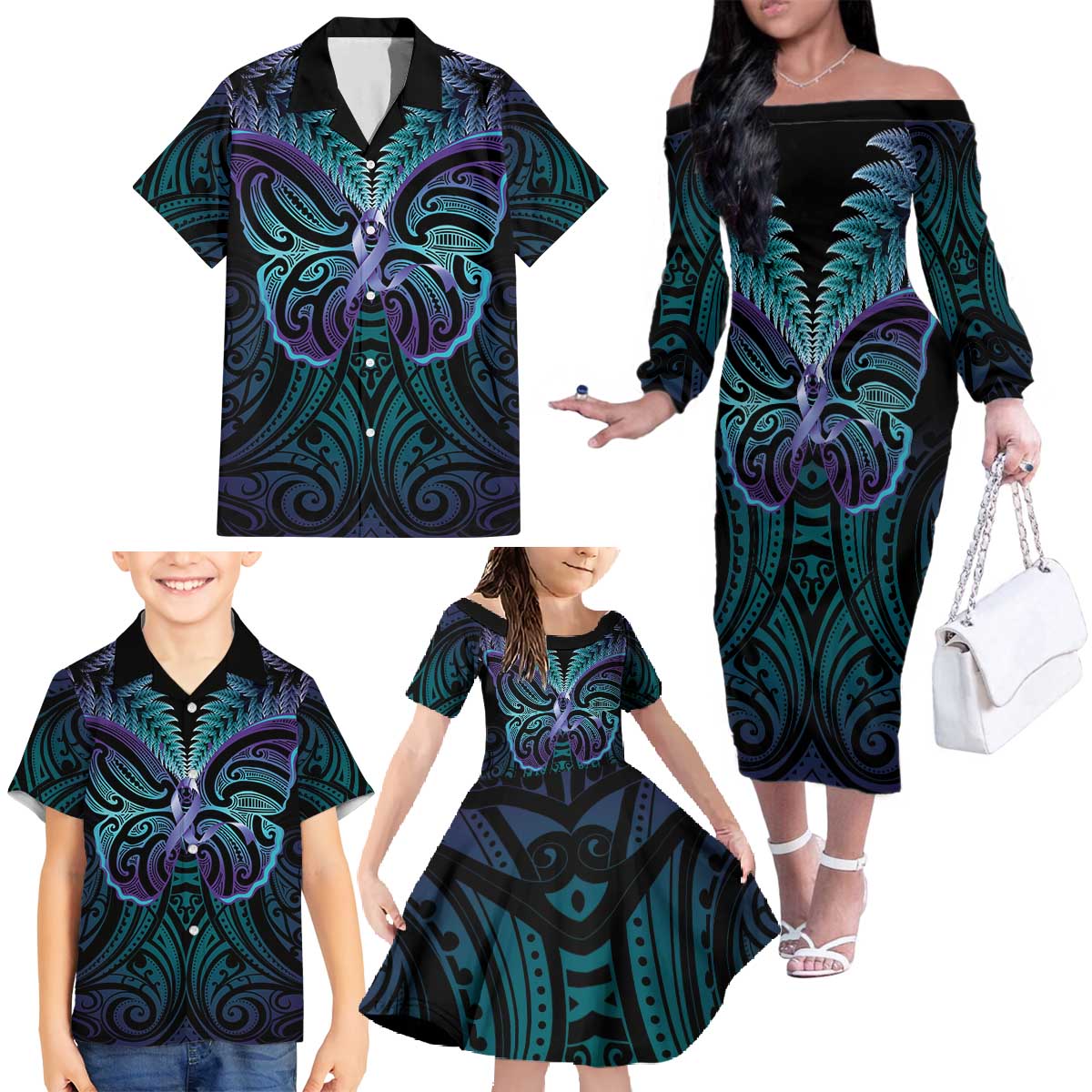 Suicide Prevention New Zealand Family Matching Off The Shoulder Long Sleeve Dress and Hawaiian Shirt Aotearoa Maori Butterfly Mix Silver Fern - Aussie Hoodie