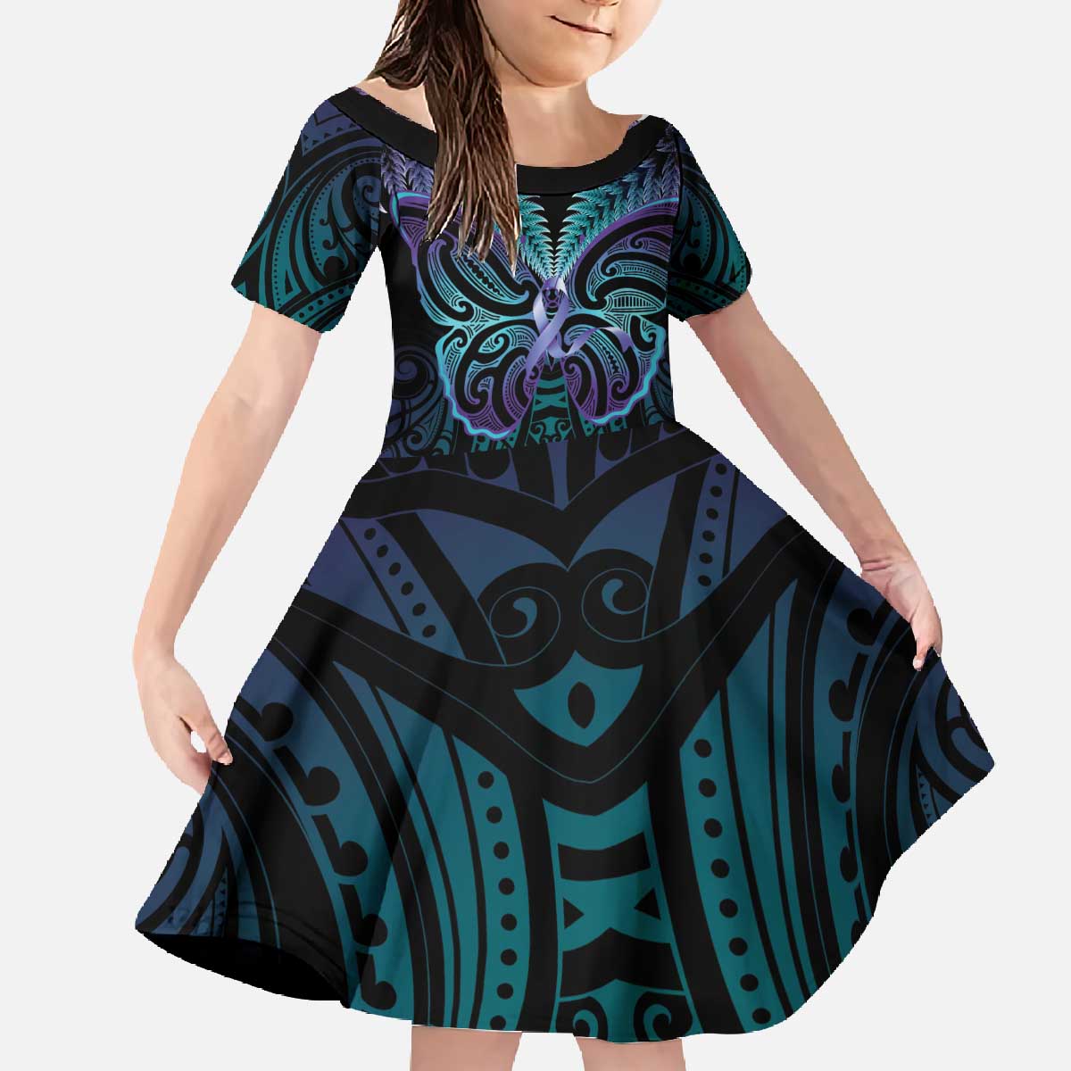 Suicide Prevention New Zealand Family Matching Off The Shoulder Long Sleeve Dress and Hawaiian Shirt Aotearoa Maori Butterfly Mix Silver Fern - Aussie Hoodie